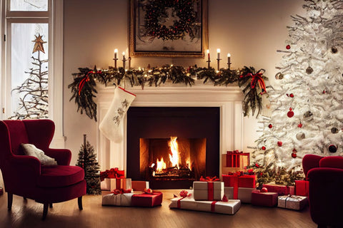 Elegant white tree and fireplace with red armchairs.