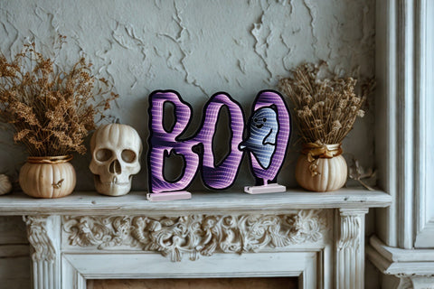 Halloween themed decorated mantel - skulls, infinity lights, dry flowers in vase.
