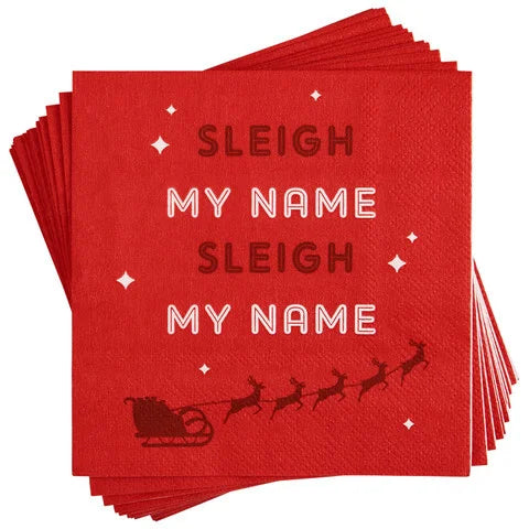 A stack of red napkins with "sleight my name" printed on.