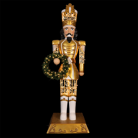 Large Fiberglass Royal Soldier Nutcracker Figure, LED Lit, 9ft (Gold)
