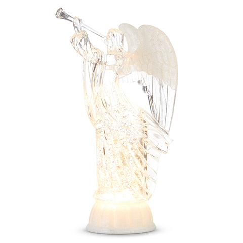 12" Lighted Angel with Trumpet with Silver Swirling Glittter Snow Globe