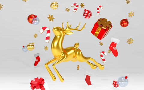 Golden reindeer with floating Christmas decorations.