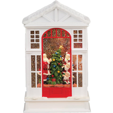 Lighted Swirl 2-Story House With Santa And His Little Helpers, 10"