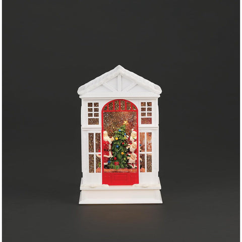 Lighted Swirl 2-Story House With Santa And His Little Helpers, 10"