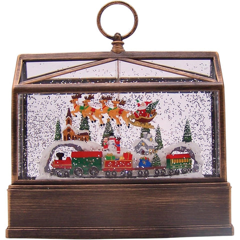 Lighted Swirl Greenhouse Snow Globe W/ Snowy Scene With Santa And A Train, 10"