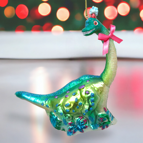 6.5" Dinosaur with Bow Glass Ornament