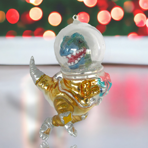 Dinosaur in Space Suit Glass Ornament