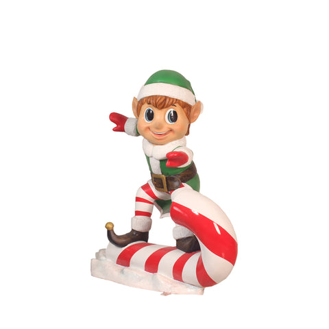 Large Fiberglass Elf On Candy Cane Figure, 35"