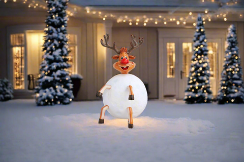 Large Fiberglass Reindeer in Snowball Figure, 57"