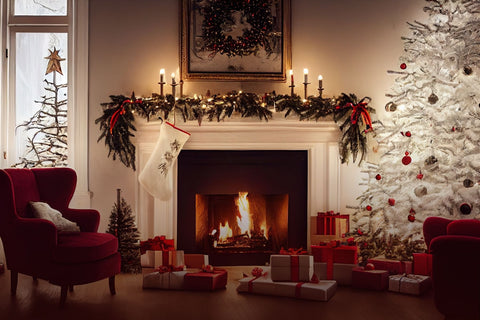 Living room with a white Christmas tree, red ornaments, gifts, a red chair, above a fireplace