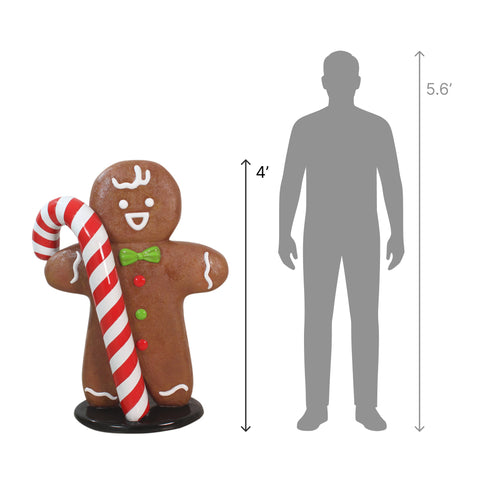 Large Fiberglass Gingerbread with Candy Cane Figure, 35"
