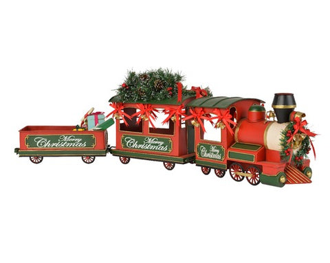 Metal Red Train w/Tree, Gifts, Berries, Pinecones, Bells 11" H x 36" L