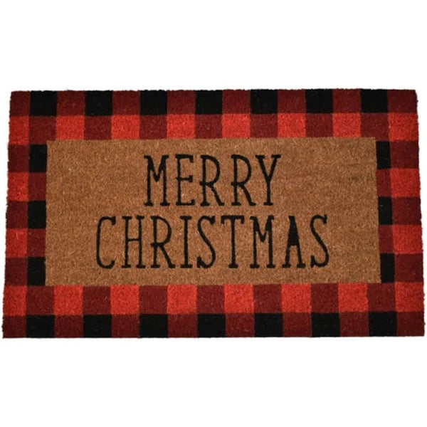 Merry Christmas Winter Red Black Plaid Front Door Mats Outdoor