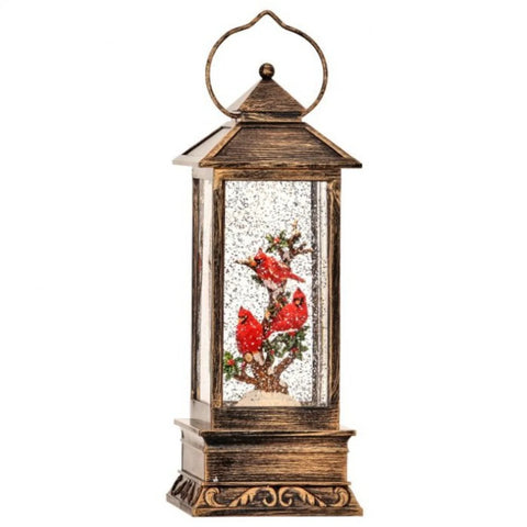 12" LED Cardinals Rectangular Lantern Water Globe