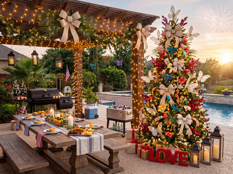 A backyard pool party setup at sunset with a long wooden dining table and a fully decorated Christmas tree by the water.
