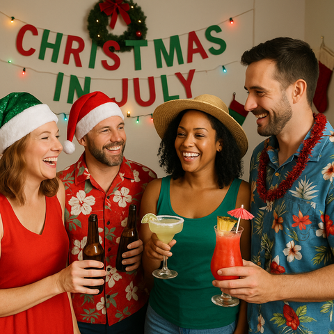 Four adults in festive summer outfits toast with drinks at a "Christmas in July" party.