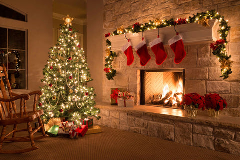 Christmas decorated home with Christmas tree, garland, presents.