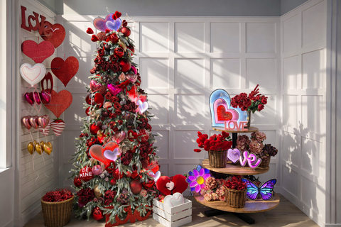 Display of Valentine's Day Decorations, featuring Tree, Infinity Lights., Ornaments.