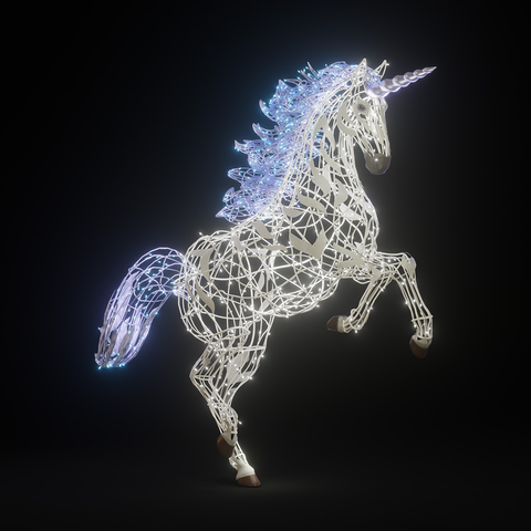 A unicorn sculpture made of interconnected wires, illuminated with white and blue lights, standing on its hind legs against a black background.