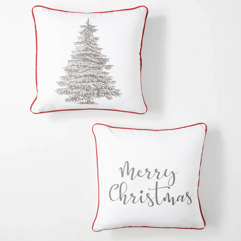 Two white Christmas decorating pillows 