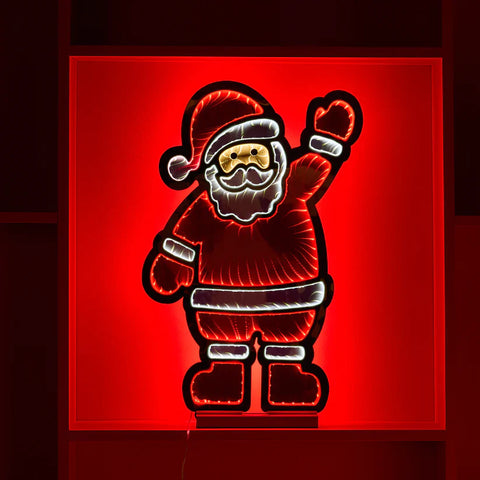 A neon sign of Santa Claus waving