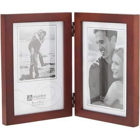 GPT A double wooden picture frame displaying two black and white photos of smiling couples.