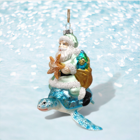 Santa on Blue Turtle Ornament