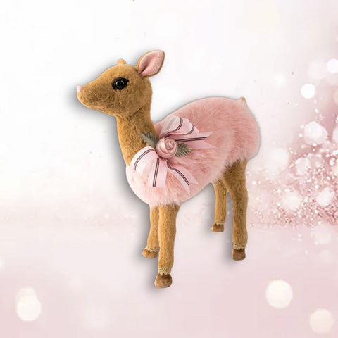 Standing Pink Fur Deer Figurine, 14.5"