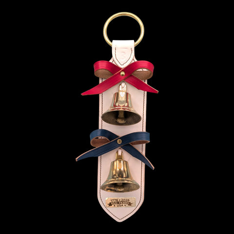 250th Strap - 2 Solid Brass Lancaster Bells, Lg Ring Top (White w/Red & Blue Bows)