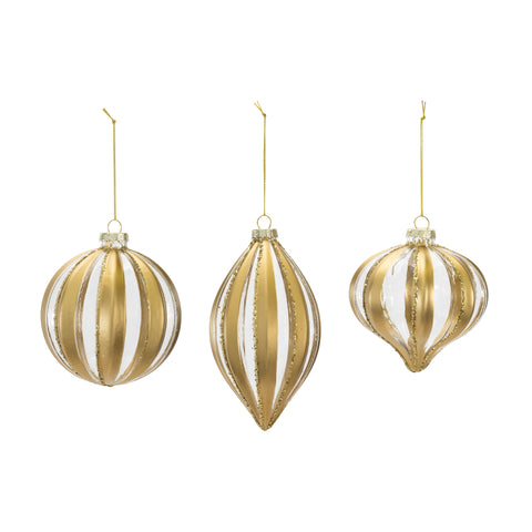 Glass Gold & White Striped Ornament, 4.5" (3 styles - sold individually)