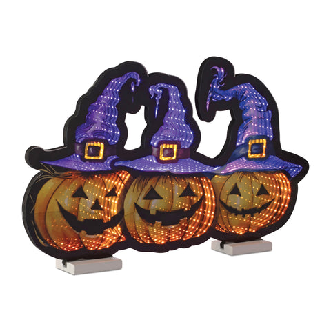 Triple Jack-O-Lantern w/Witches Hats Infinity Light, Acrylic w/UL Plug, 15"