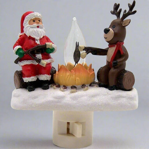 Santa & Raindeer Camp Fire Night Light, 4.25"