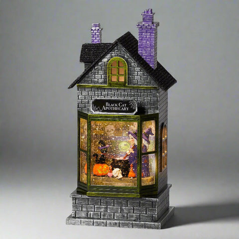 LED Swirl Witch Potion Shop Snow Globe, Halloween scene, 10.5"