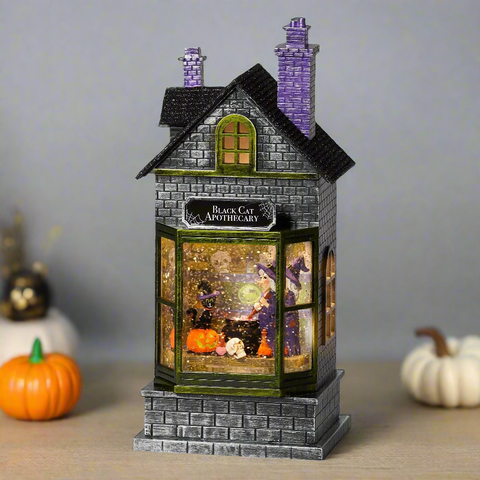 LED Swirl Witch Potion Shop Snow Globe, Halloween scene, 10.5"