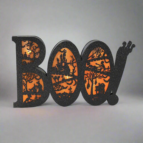 Boo Sign With Bats And Ghosts, Black Glitter, 5"