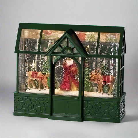 Lighted Swirl Greenhouse W/ Santa And Reindeer, 8"