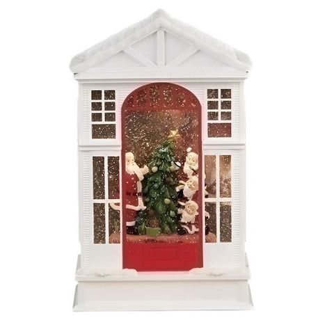 Lighted Swirl 2-Story House With Santa And His Little Helpers, 10"