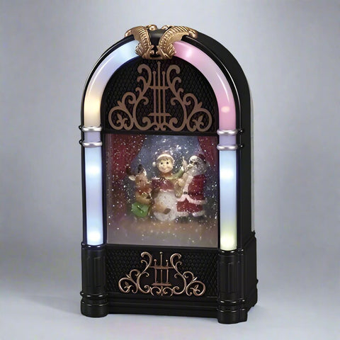 Lighted Musical Swirl Juke Box W/ Santa, An Elf And A Reindeer, 9"