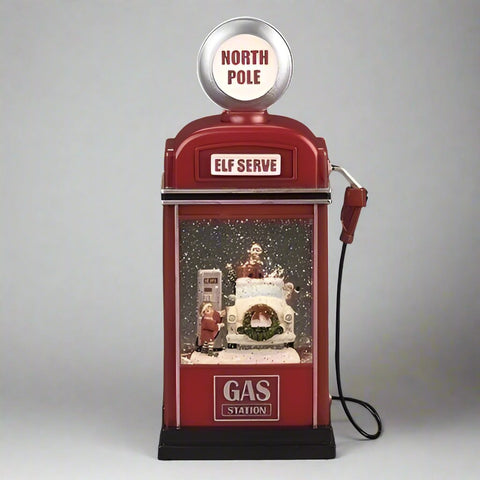 Lighted Swirl North Pole Gas Pump W/ Santa And Elves, 11.5"