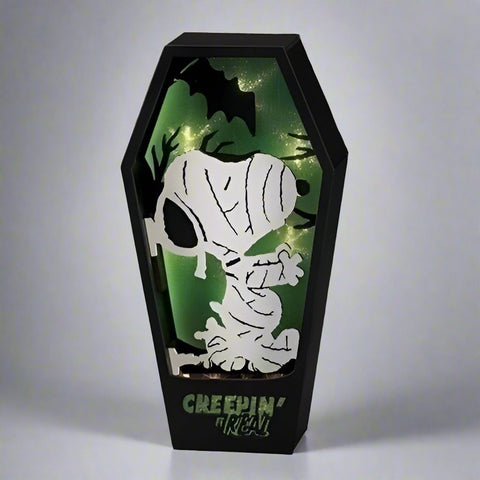 Lighted Coffin-Shaped Snoopy Mummy Plaque, 10"