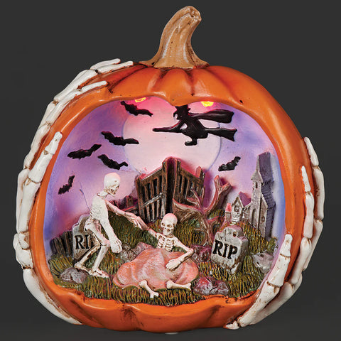 Lighted Orange Pumpkin with Graveyard Scene, 7.5"