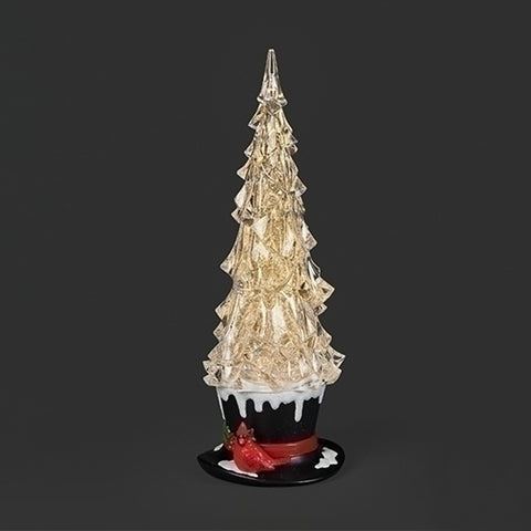 Lighted Swirl Top Hat Tree W/ Cardinal Waterglobe, 13"