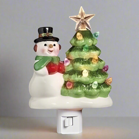 Vintage Snowman With Christmas Tree Night Light, 6.25"