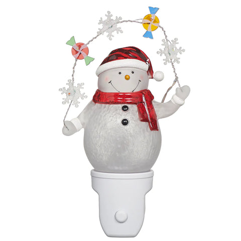 Snowman Bubble Night Light With LED Decorative Candy And Snowflake Garland, 7.7"