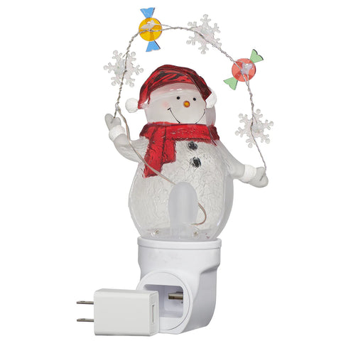 Snowman Bubble Night Light With LED Decorative Candy And Snowflake Garland, 7.7"