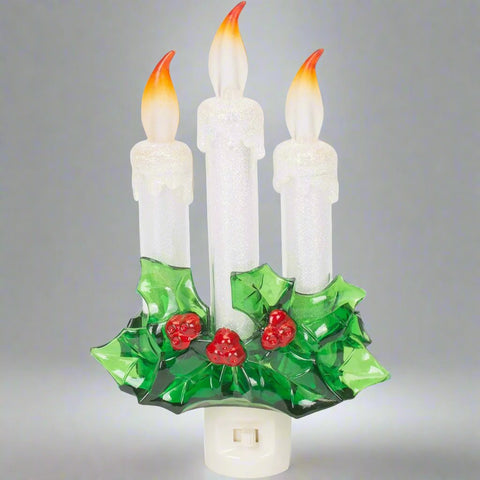 Three Dipped Candles With Holly Flickering Night Light, 8"