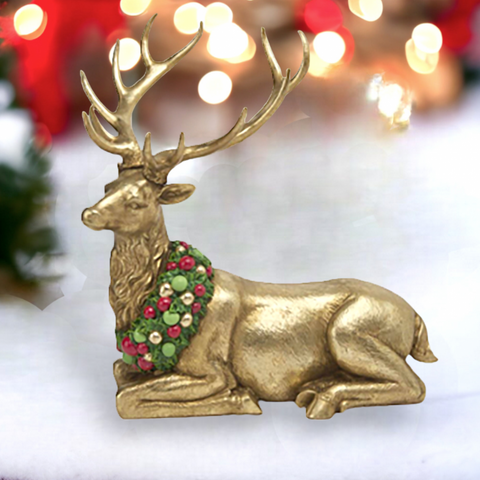 17" Gold Deer Laying w/Neck Wreath