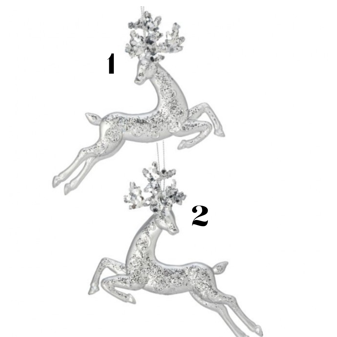 5.5" Plastic Silver Glittered Prancing Deer Ornament