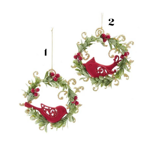 Red and Green Wreath With Cardinal Ornament