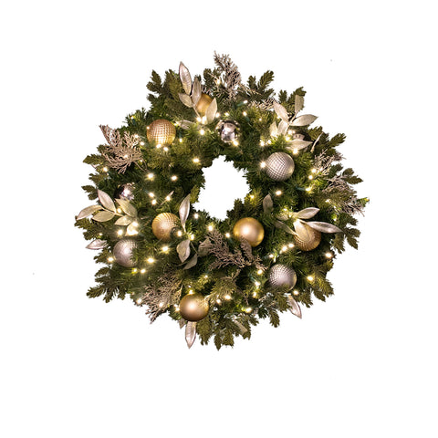 Wreath, Pre-Decorated Indoor: Mixed Pine PVC / PE Greenery, LED Warm White